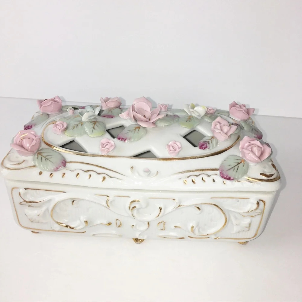 White Porcelain Jewelry Box with Pink Floral Design Delicate Rectangular Beauty