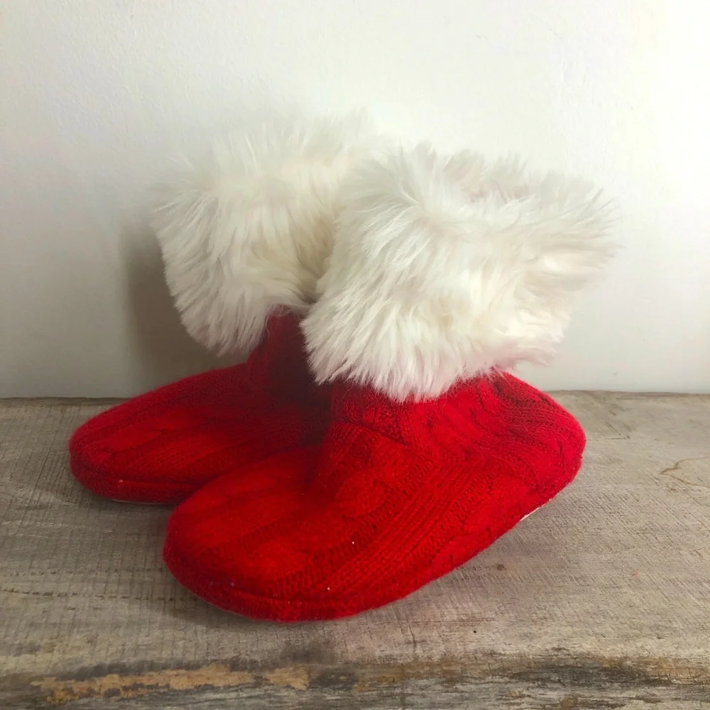 American girl red sweater knit Santa fur slippers