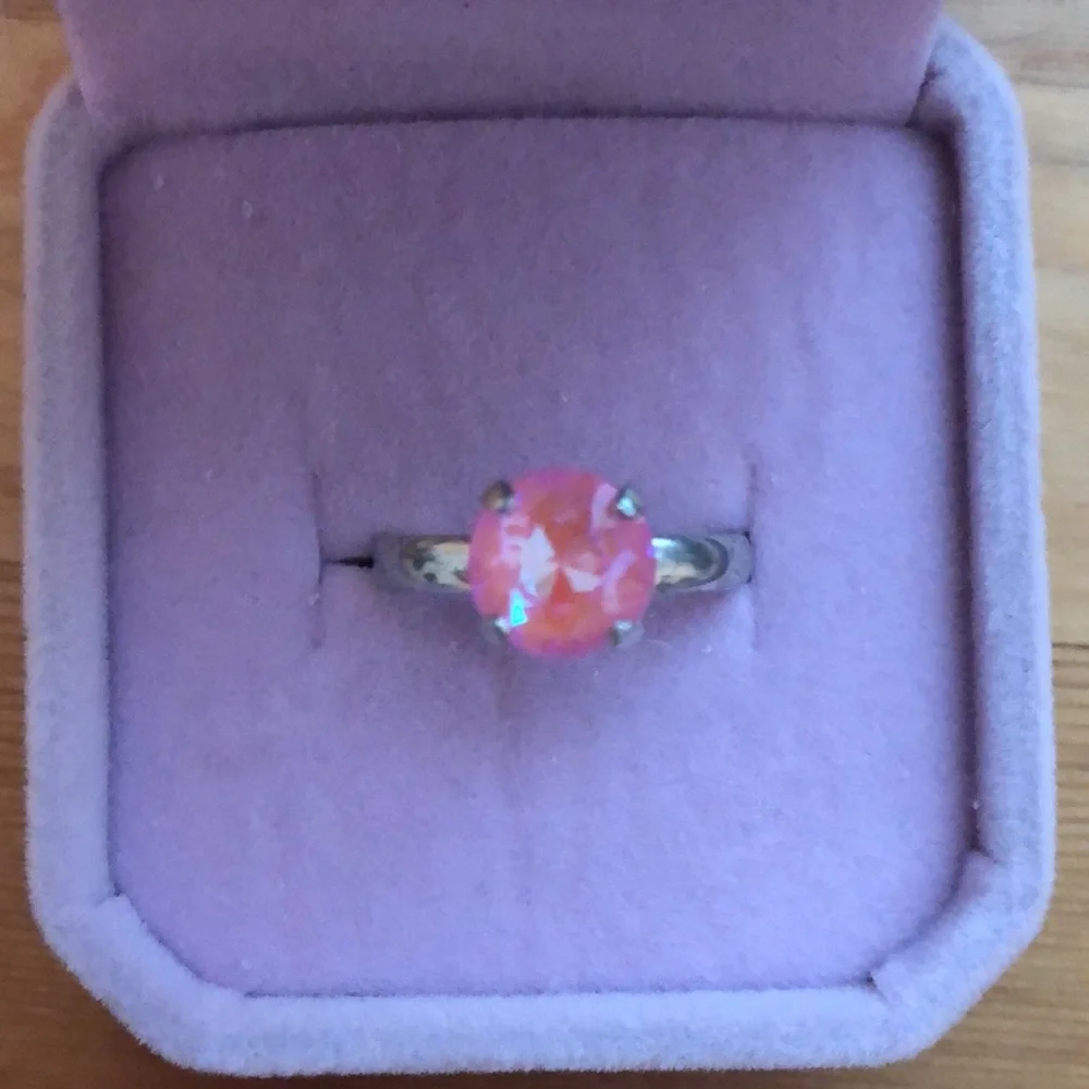 Pink Aurora Borealis + Silver Cystal Ring