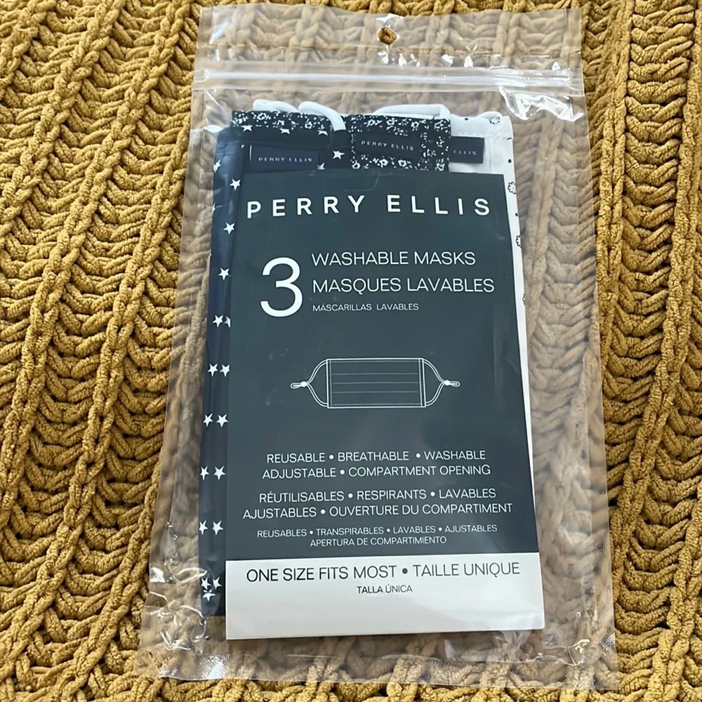 Perry Ellis three pack variety of washable reusable cloth masks blue and white