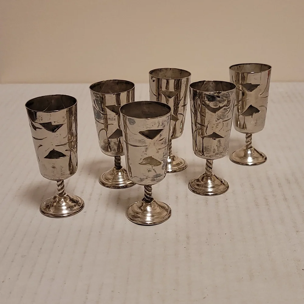 Set of 6 Vintage Mexican Silver / Alpaca Cordial Cages
