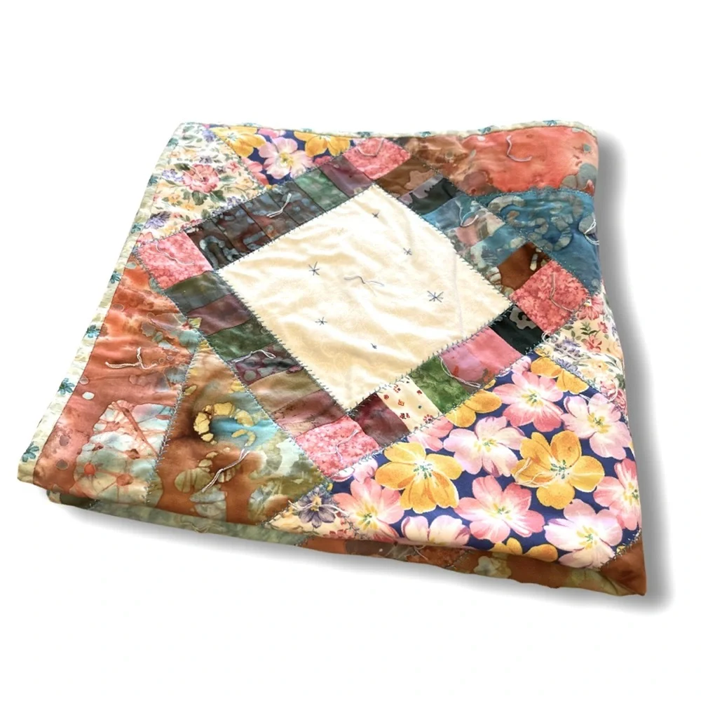 Handmade Baby Cotton Crazy Quilt with Vintage and Batik Fabrics