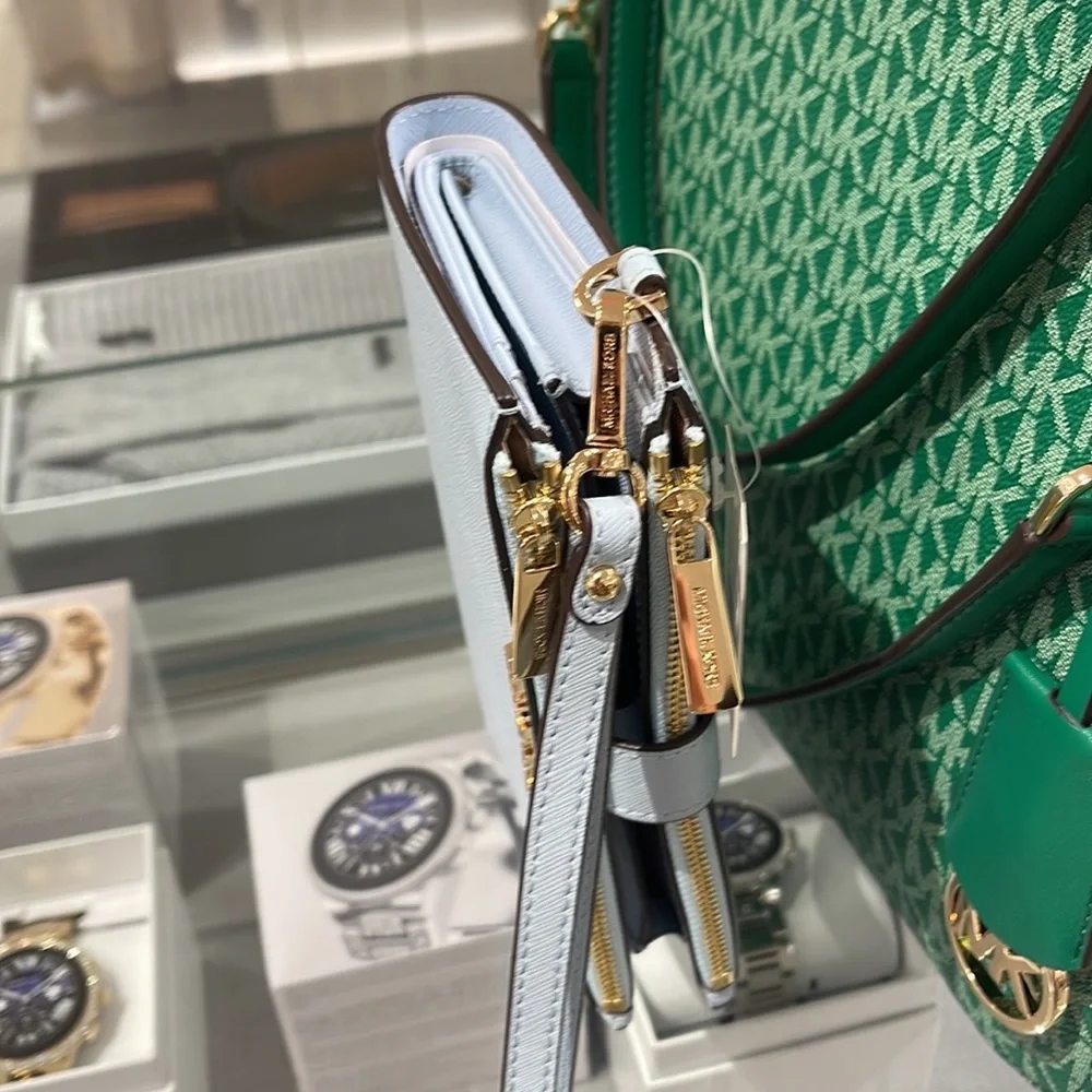MICHAEL KORS LARGE DOUBLE ZIP WRISTLET WALLET PHONE CASE CLUTCH Vista Blue