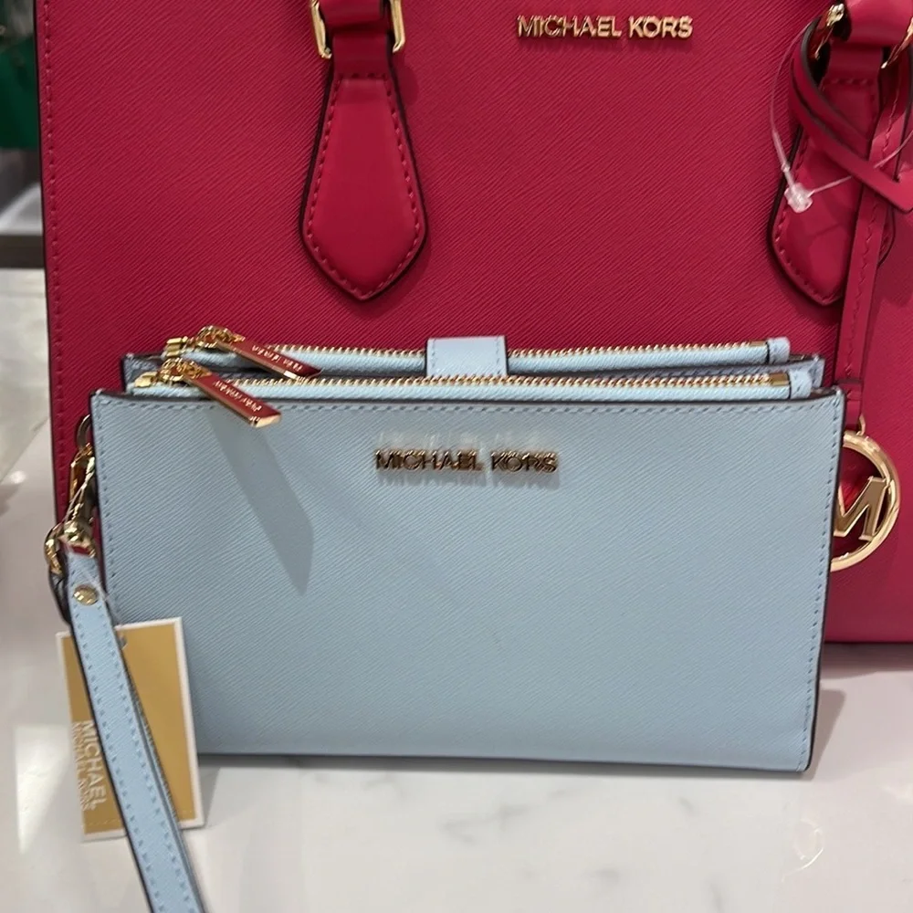 MICHAEL KORS LARGE DOUBLE ZIP WRISTLET WALLET PHONE CASE CLUTCH Vista Blue