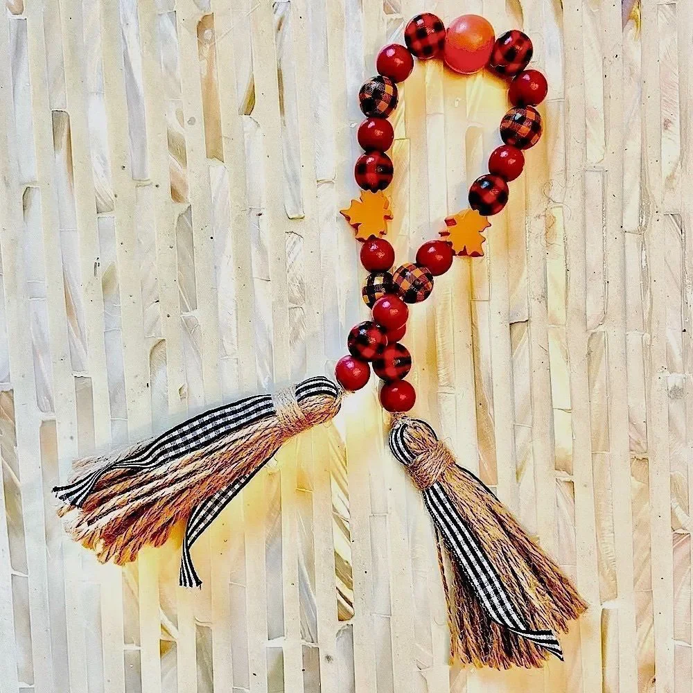 NEW Wood Bead Garland with Plaid Tassels