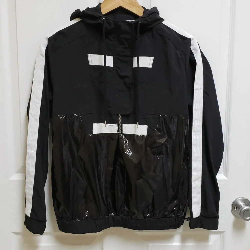Ashley Windbreaker Women S Hooded Nylon Pullover Black White 1/2 Zip Lightweight