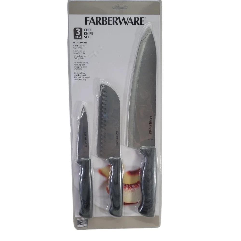 Farberware Set Of 3 Chef, Santoku & Paring Knives Steinless Steel New