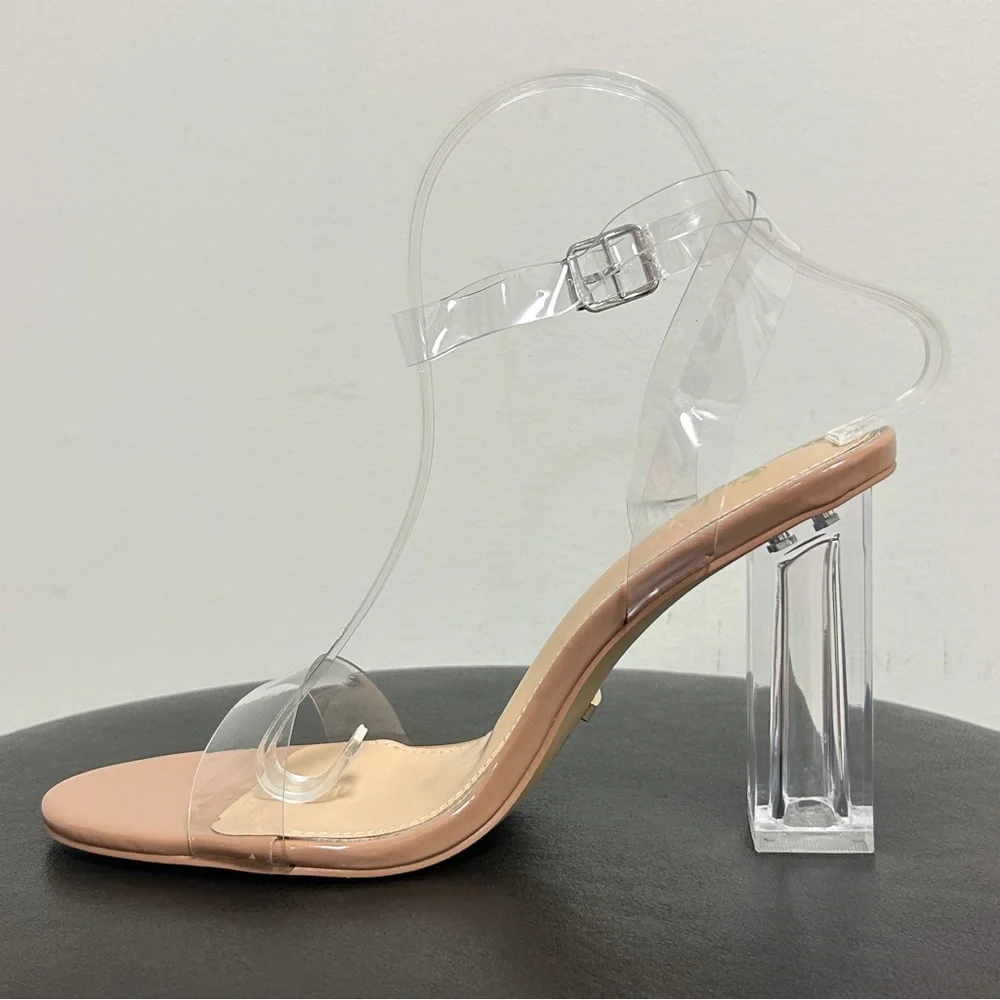 Shein Nude Beige Clear Chunky Block Heels Ankle Strap Buckle Open Toe 40 9 NIB