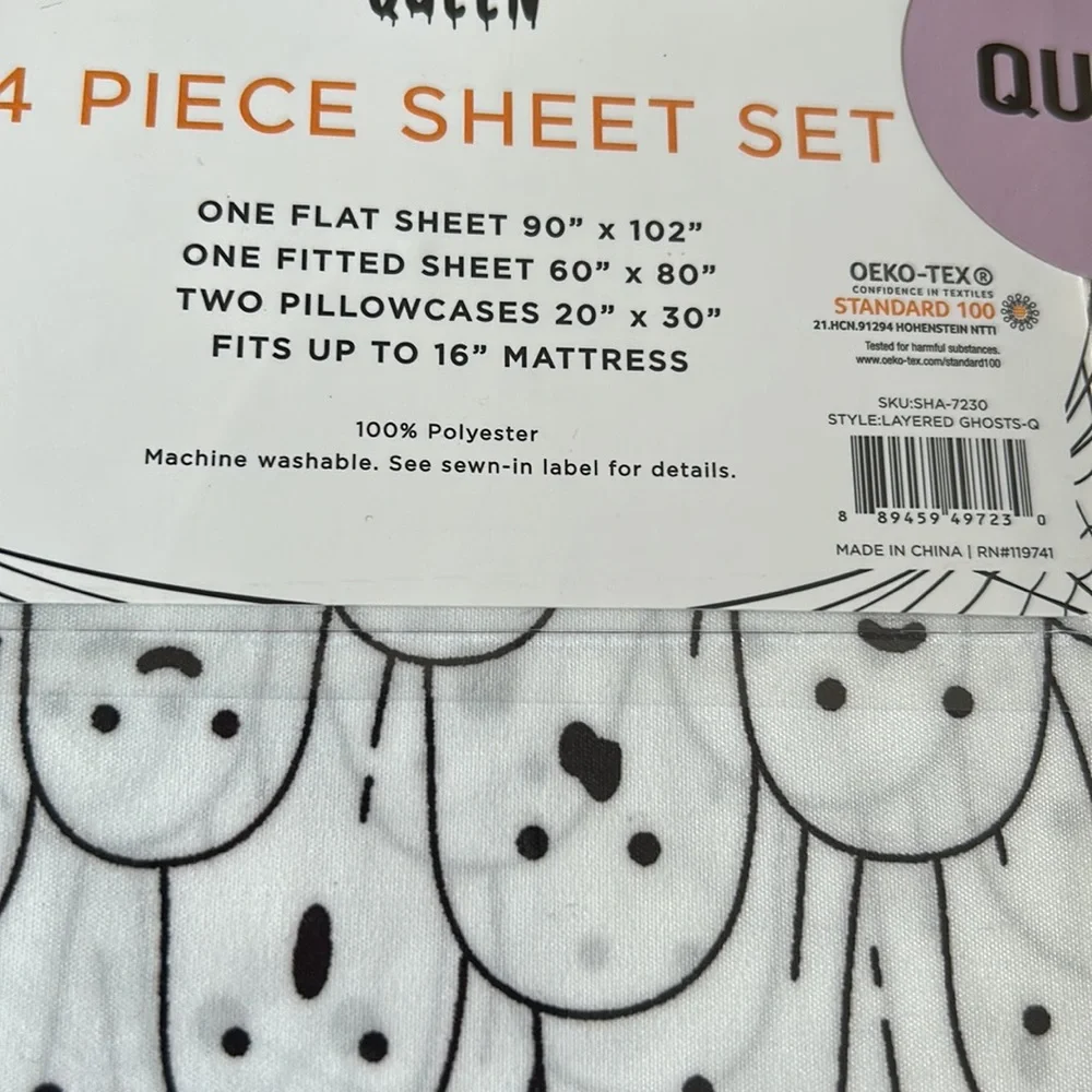 Halloween Trick or Treat Ghost Queen Size Sheet Set NEW Black White
