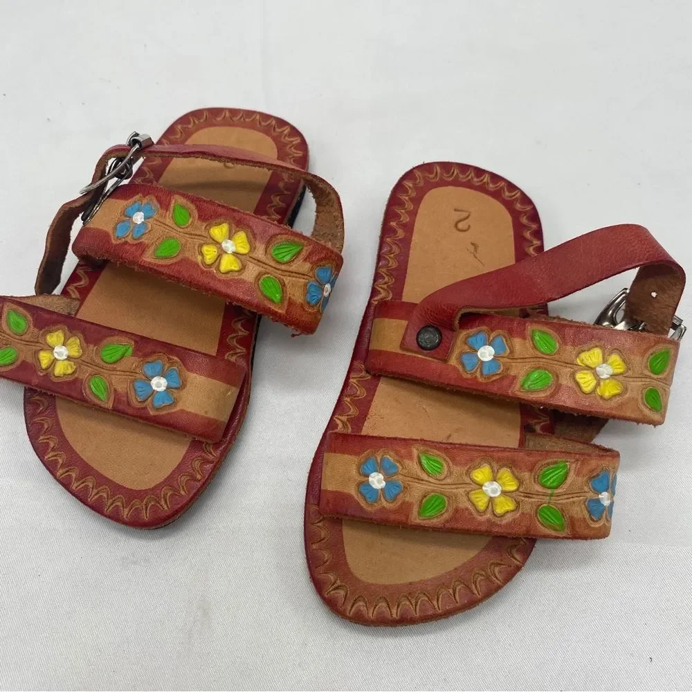 Handmade Mexico Leather Flower Sandals size 2
