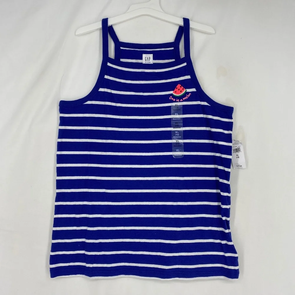 Gap Kids Girls XL Tank Top Blue White Stripes One in a Melon Spaghetti Straps