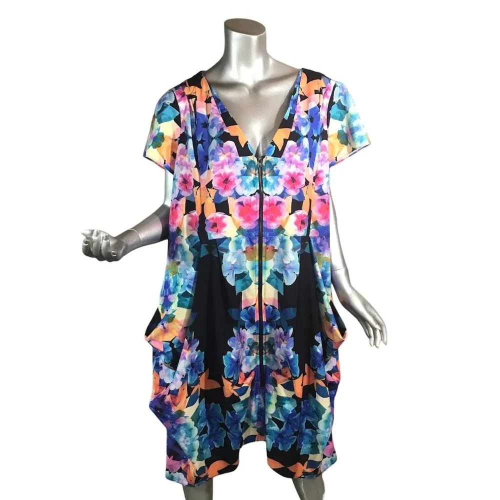 City Chic Women's XL / 22 Zip Front Shift Midi Dress Pockets Wearable Art Beauti