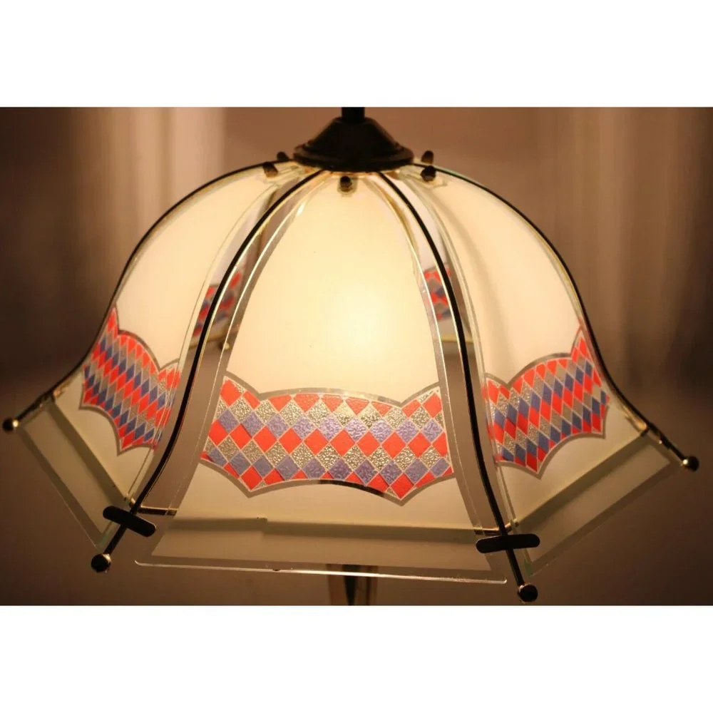 Vtg 1990s White Reverse Printed Checkered Gold Colored Bell Touch Lamp Red White