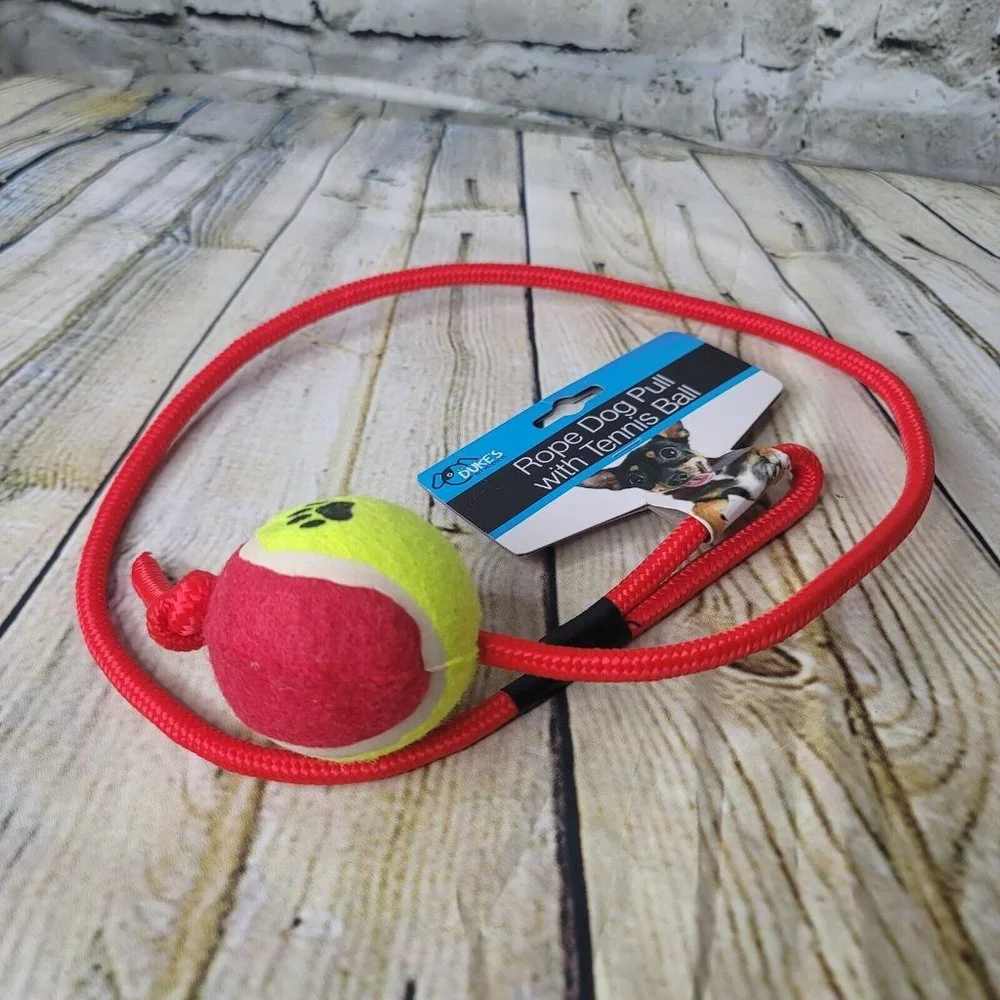 Dukes Rope Dog Pull With Tennis Ball Red Yellow