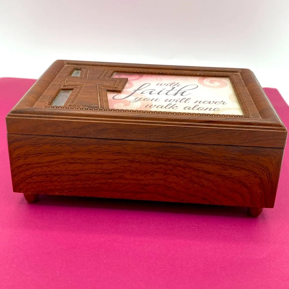 Woodgrain Religious Music Box With Faith You Will Never Walk Alone”
