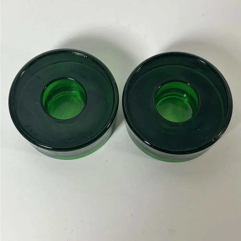2 Crate & Barrel Round Emerald Green Glass Candle Holders