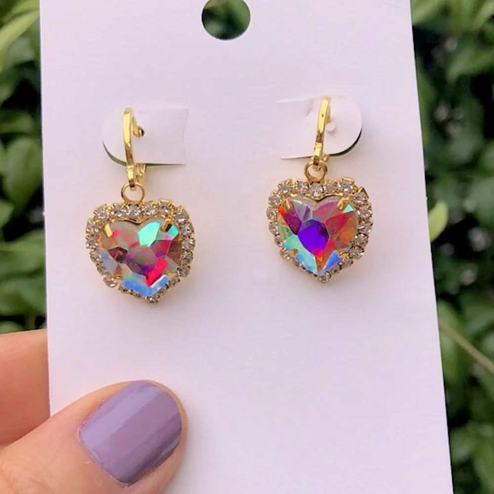 Aurora Borealis Heart Crystal Halo Drop Earrings