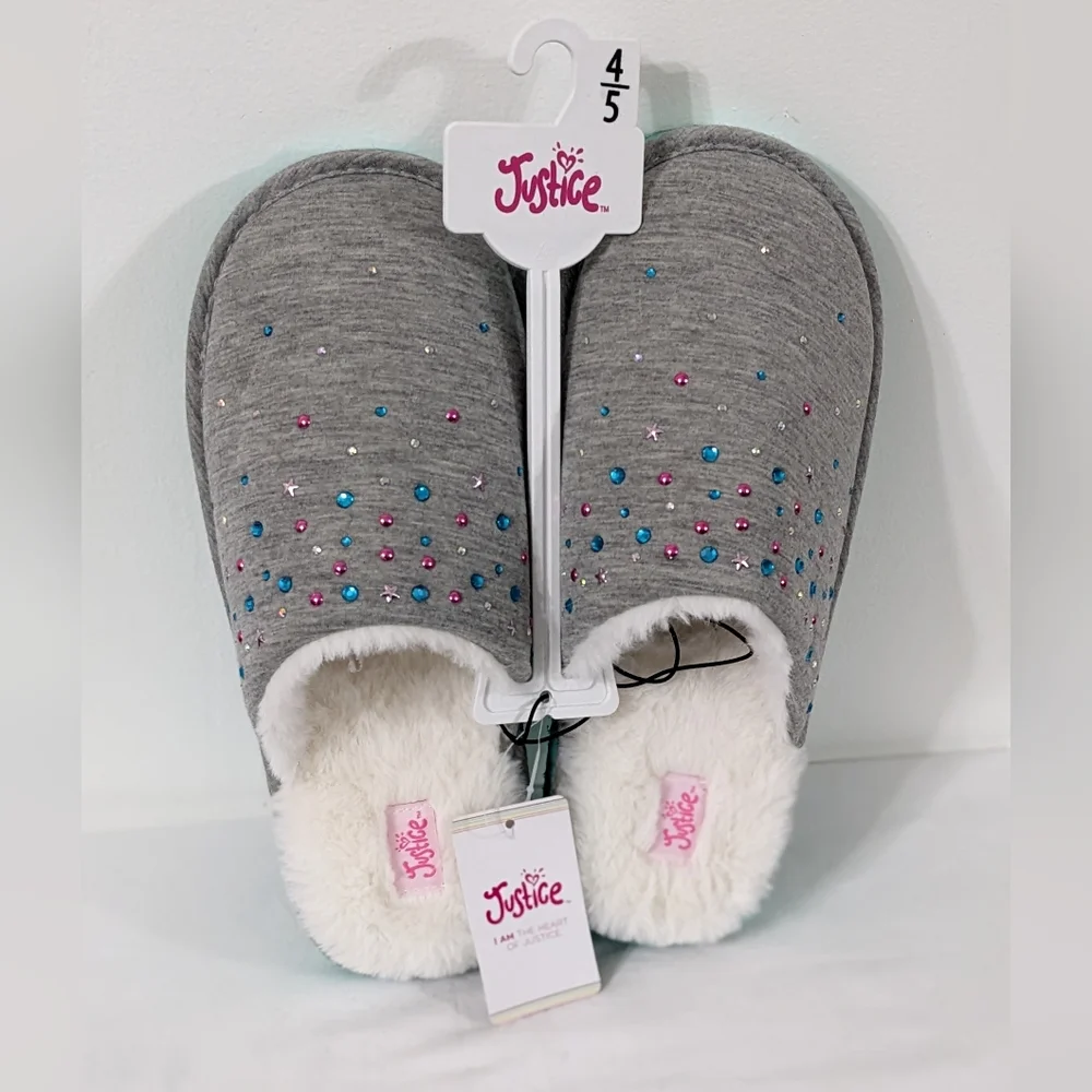 Justice Girls Cozy Gray Rhinestones Scuff Slip On Slippers,Size 4/5,New With Tag