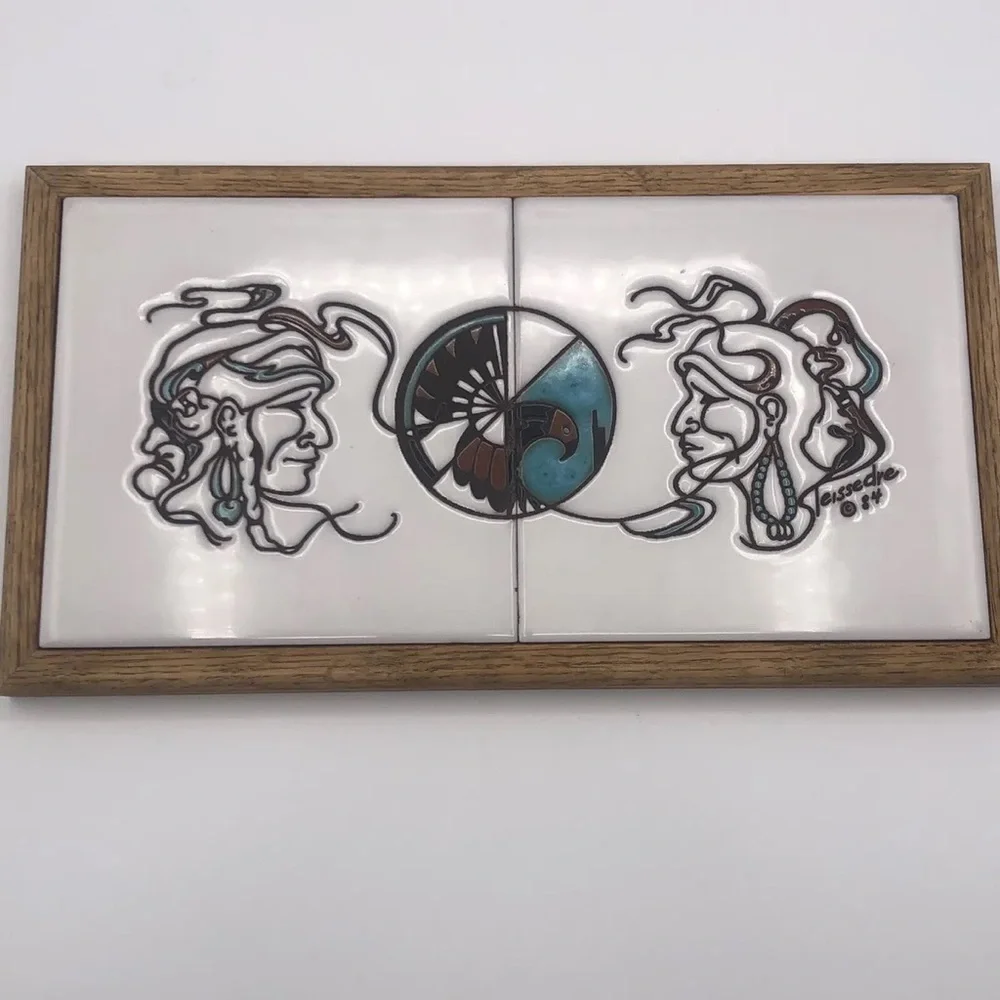 Cleo Teissedre Vintage 1984 Hand Painted Navajo Tiles In Oak Frame