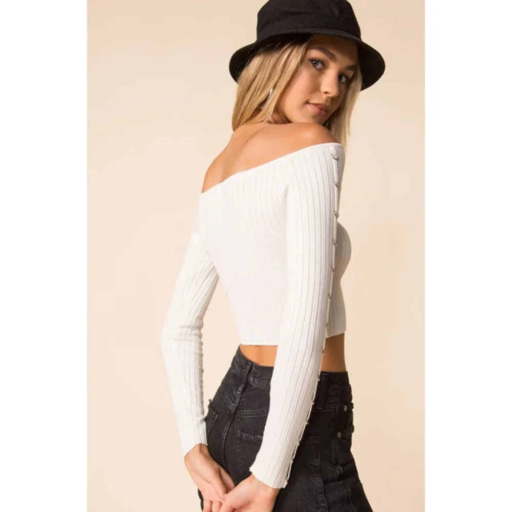 REVOLVE Superdown Tamina Off The Shoulder Top Metal Ring Sleeve Rib Knit Blouse