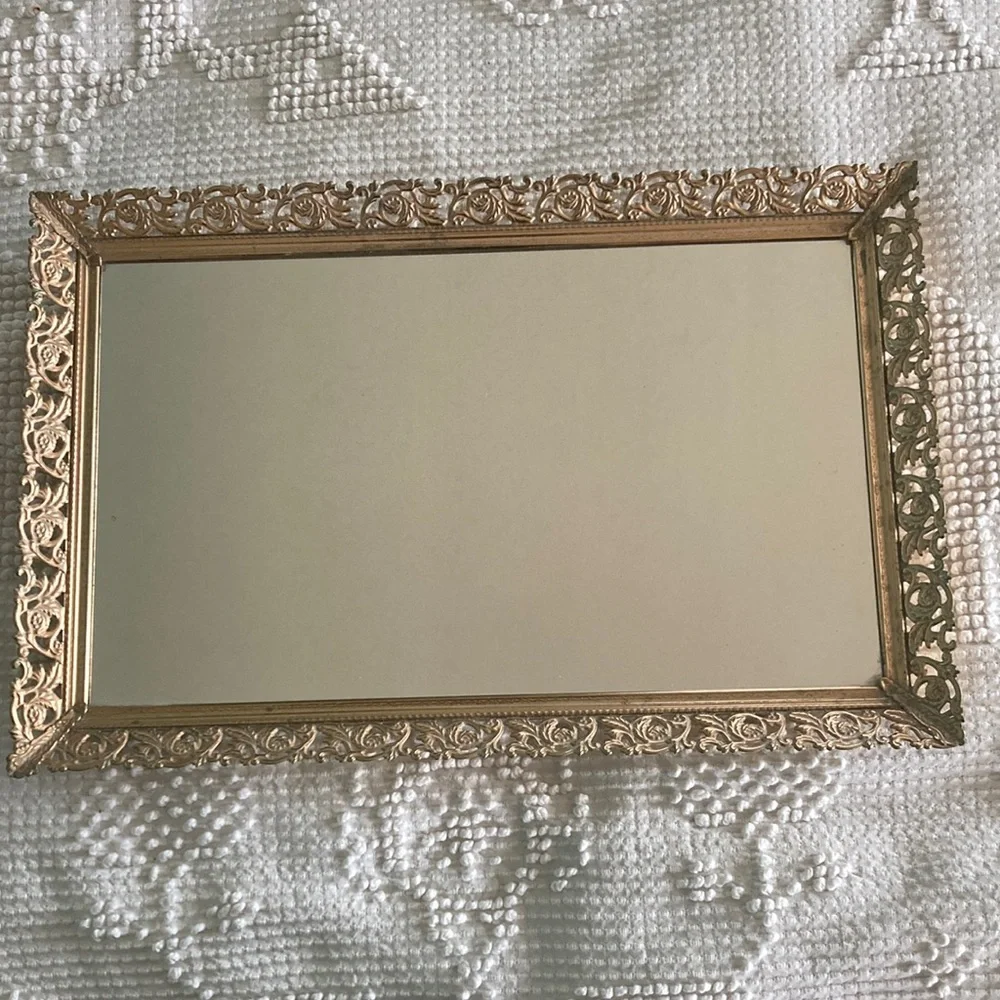 Vintage Filigree Gold Mirror Vanity Tray ,Wall Mirror, stand up vanity mirror