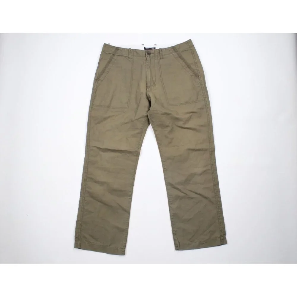 Vintage Banana Republic Mens 33x30 Flat Front Linen Wide Leg Chino Pants Olive