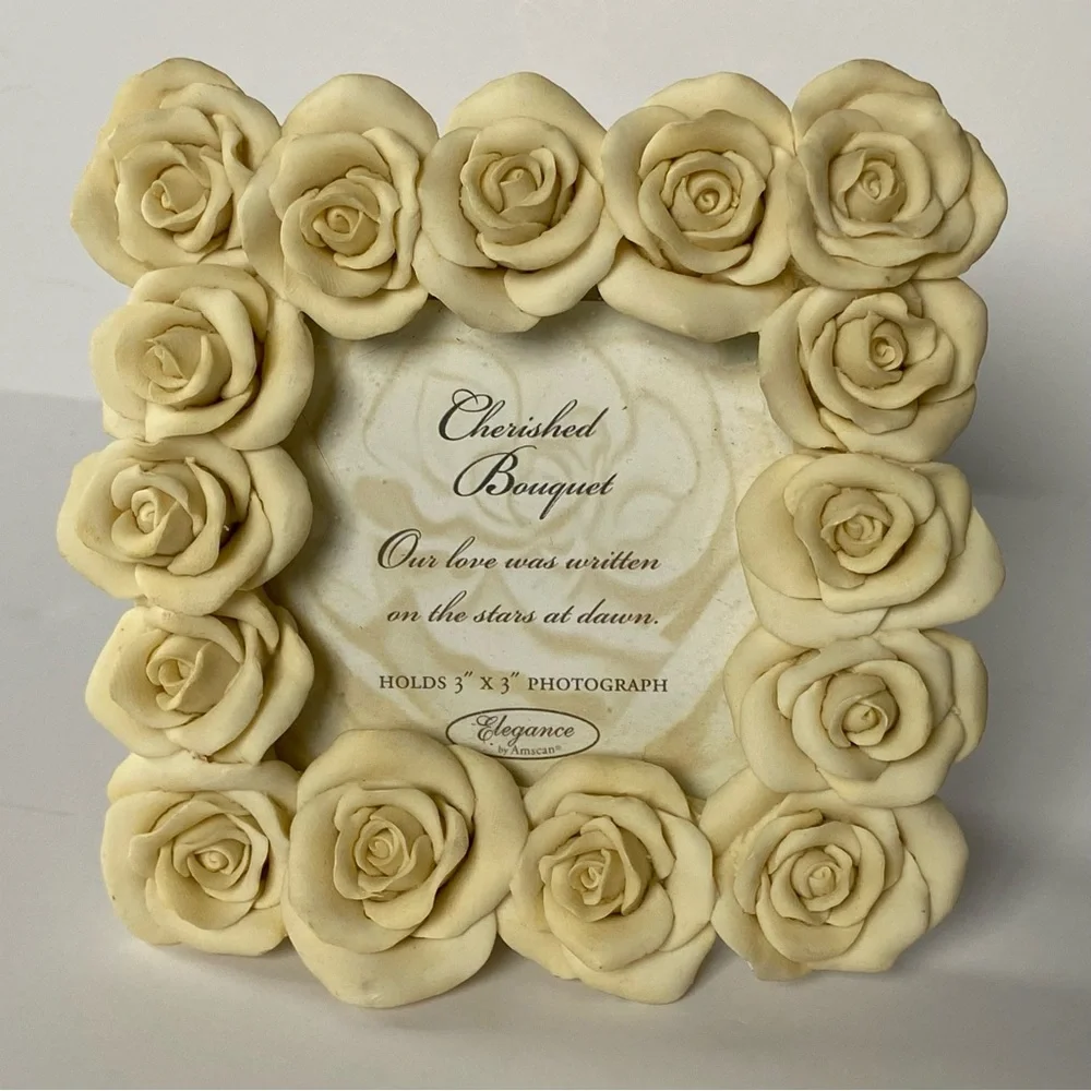 Rose Picture Frame By Cherished Bouquet Ivory Flowers Floral 3” X 3” Photo