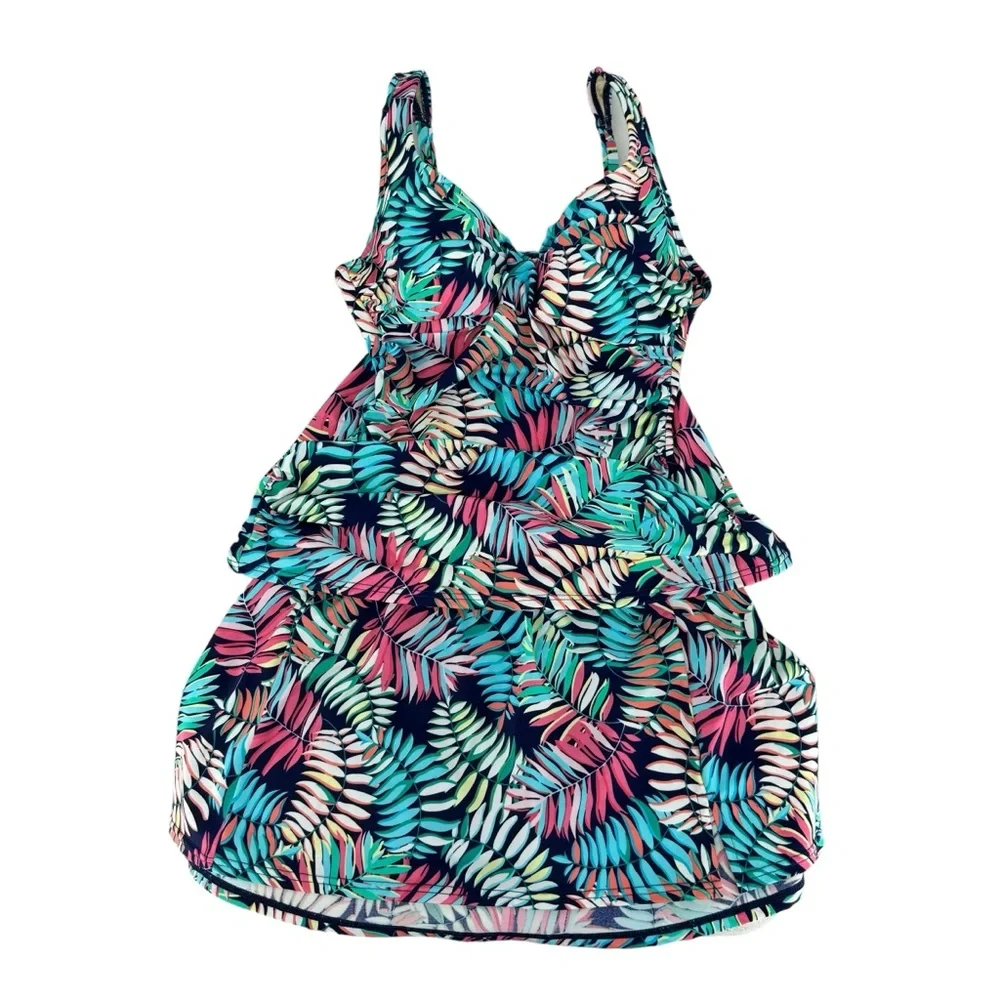 *Women’s Talbots 6 Two-Piece Green/Blue/Punk Tropical Print Tankini Bathing Suit