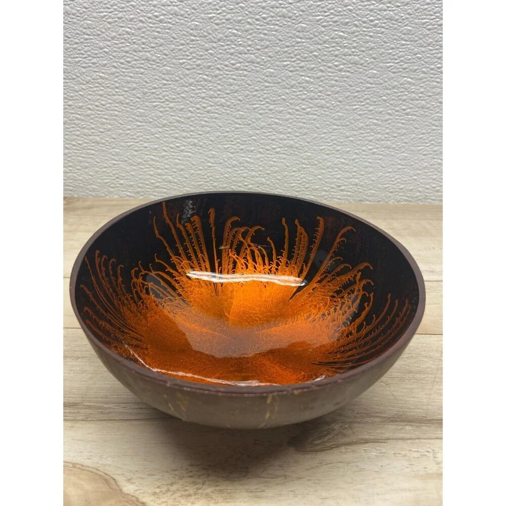 Coconut Shell Bowl Orange Splash Handmade And Painted