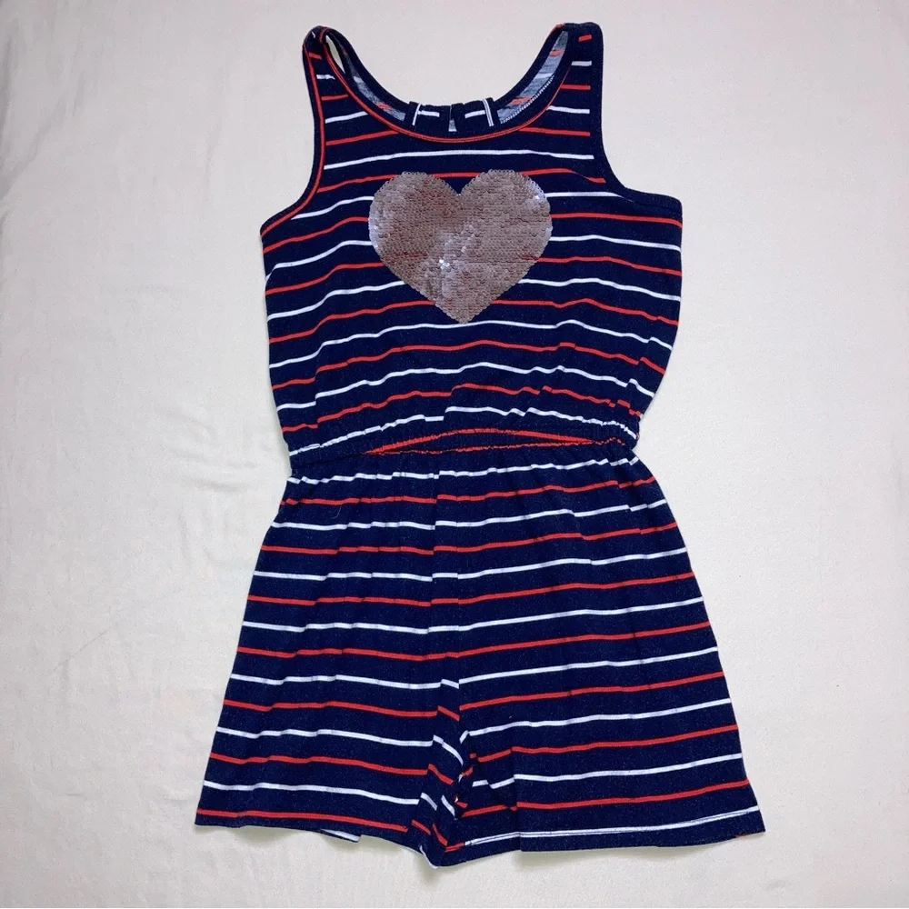 Romper Sequin Outfit Girl 10 Flip Heart Patriotic navy Blue Tank Short Set Strip