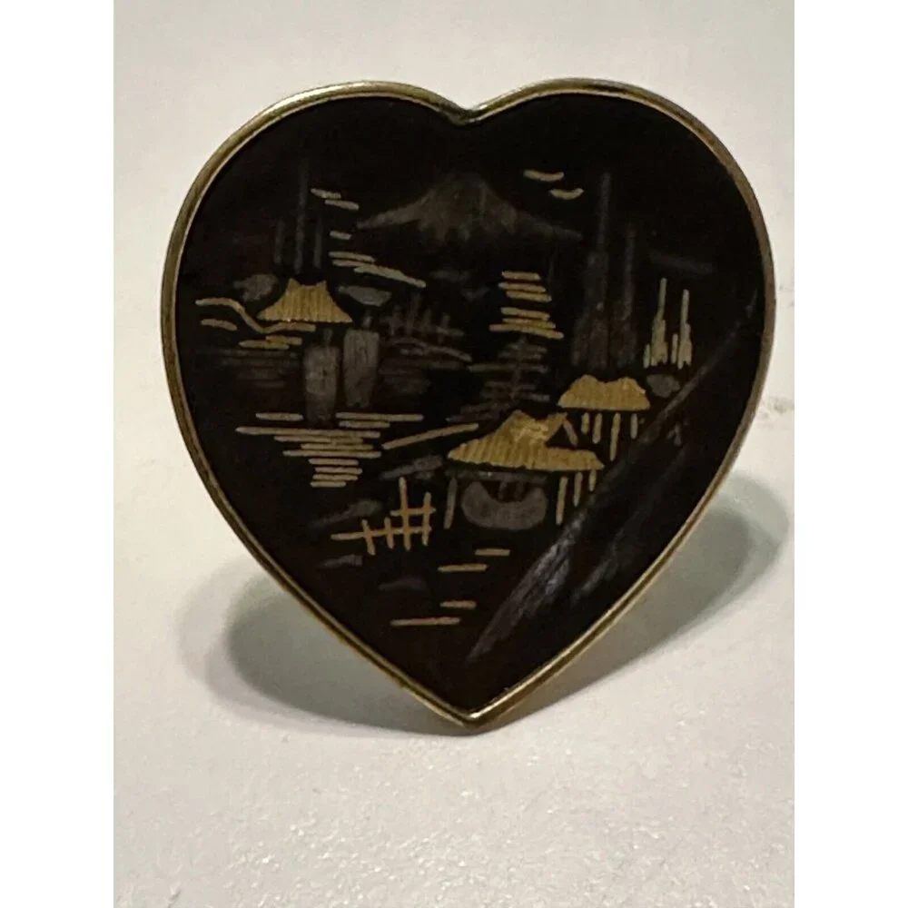 Japanese Damascene Goldtone/ Black Cufflinks AMITA Japan Heart Wedding Mountain
