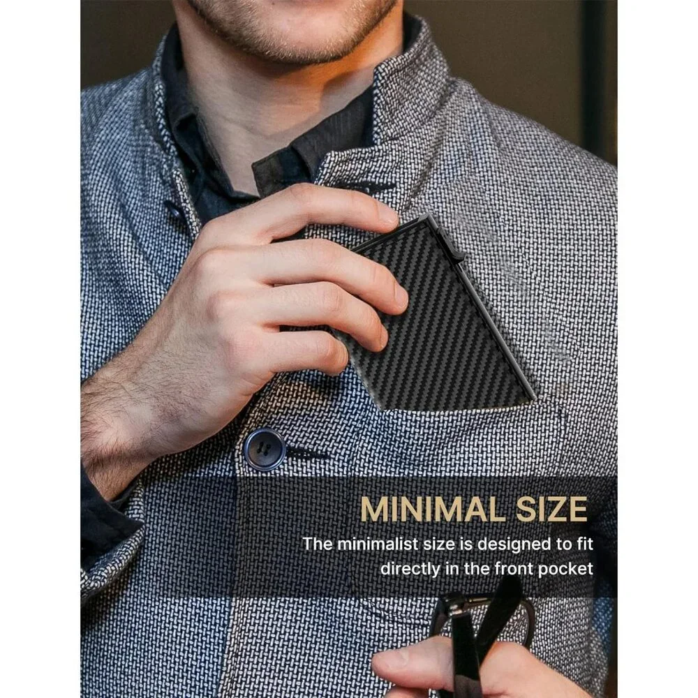 Mens Wallet Card Holder: Pop Up Aluminum Case, Genuine Leather, Smart, RFID