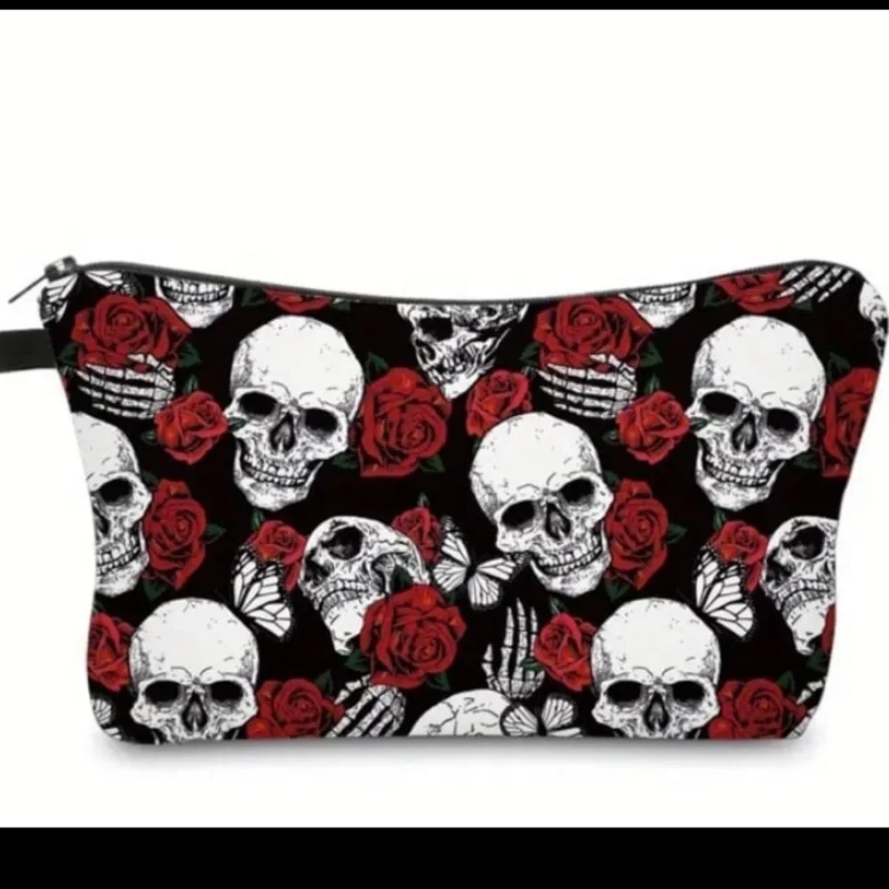 New! 3D Printed Skull And Rose Pattern Cosmetic Bag, Waterproof Makeup Pouch