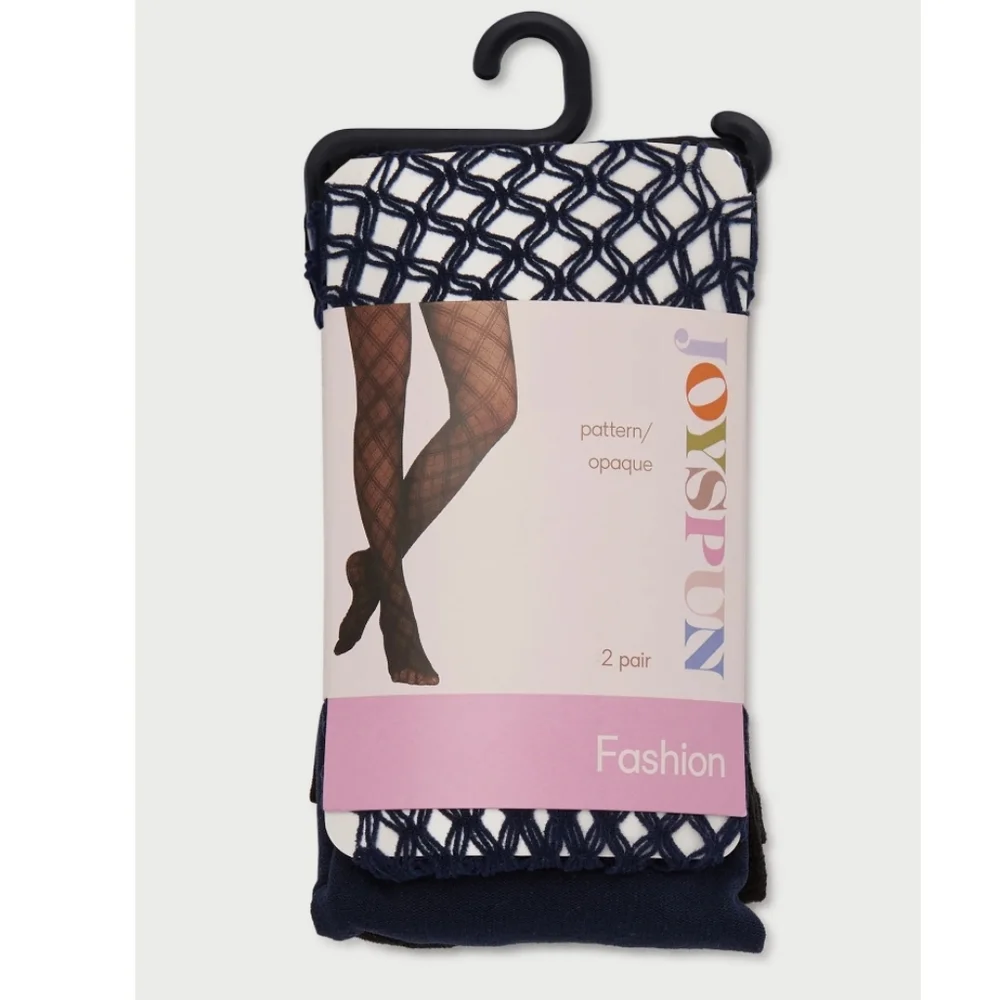 Joyspun (2 Pair) Navy Crochet Fishnets / Black Opaque Fashion Tights