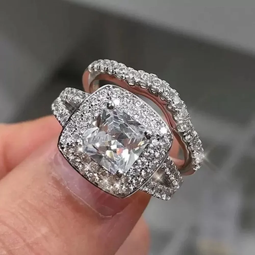 🌸Square Zircon Micro Pave 925 Sterling Silver Plated Wedding Ring Set,UNVN12176
