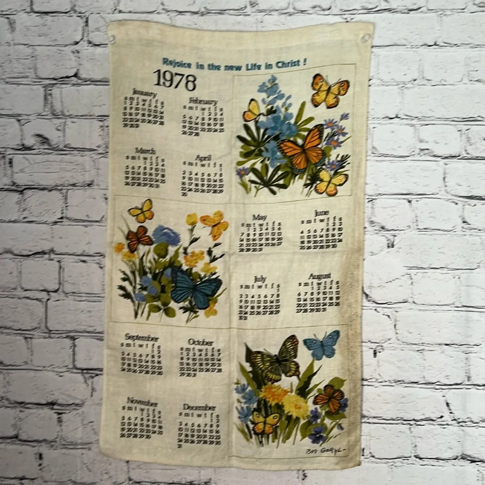 VINTAGE Linen Kitchen Calendar 1978 Tapestry Butterfly Wall Hanging 16