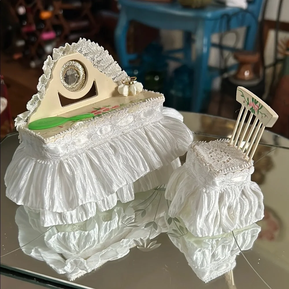 Vintage Hand-Painted Wooden Dollhouse Vanity and Chair
