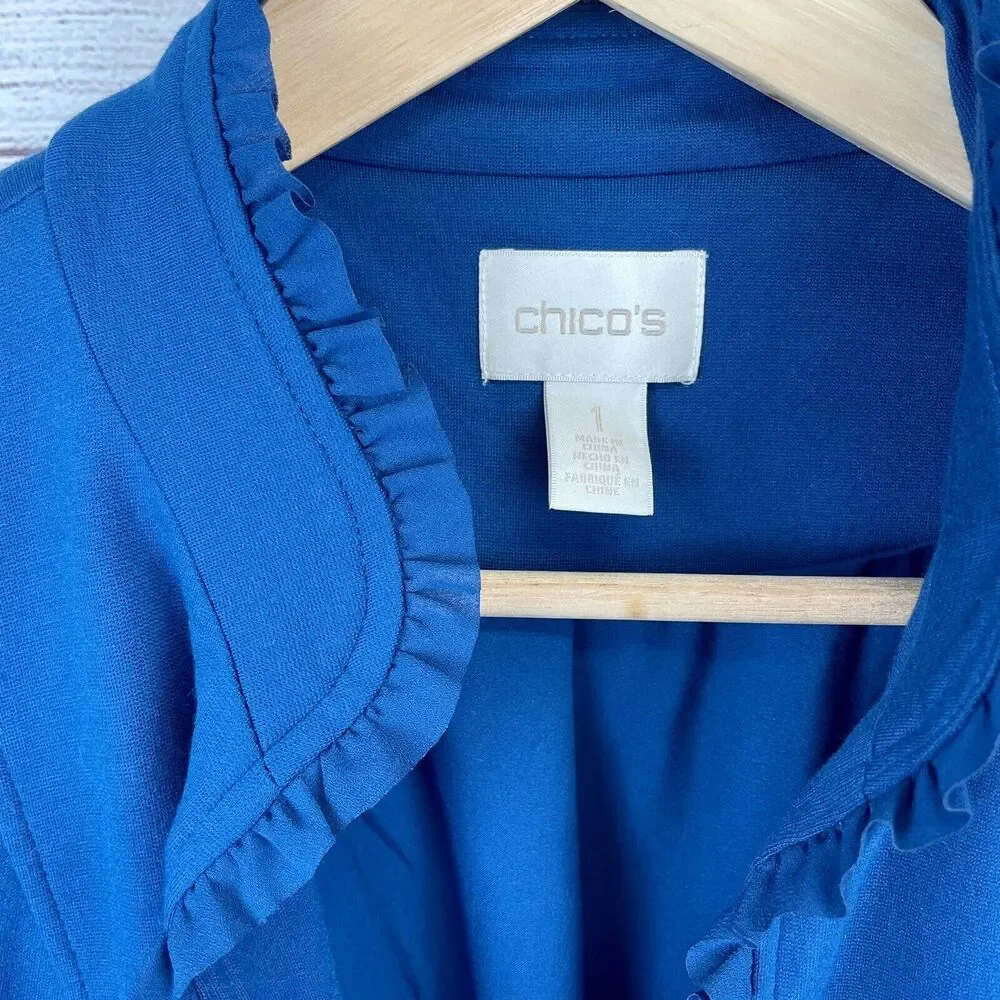 Chico's Teal Blue Blazer Jacket Ruffle Trim Lined Size 1 US M/8