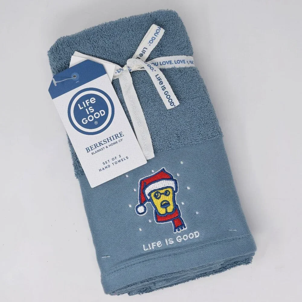 Life Is Good Dog Holiday Towels Blue Embroidered Winter Christmas Santa Set New