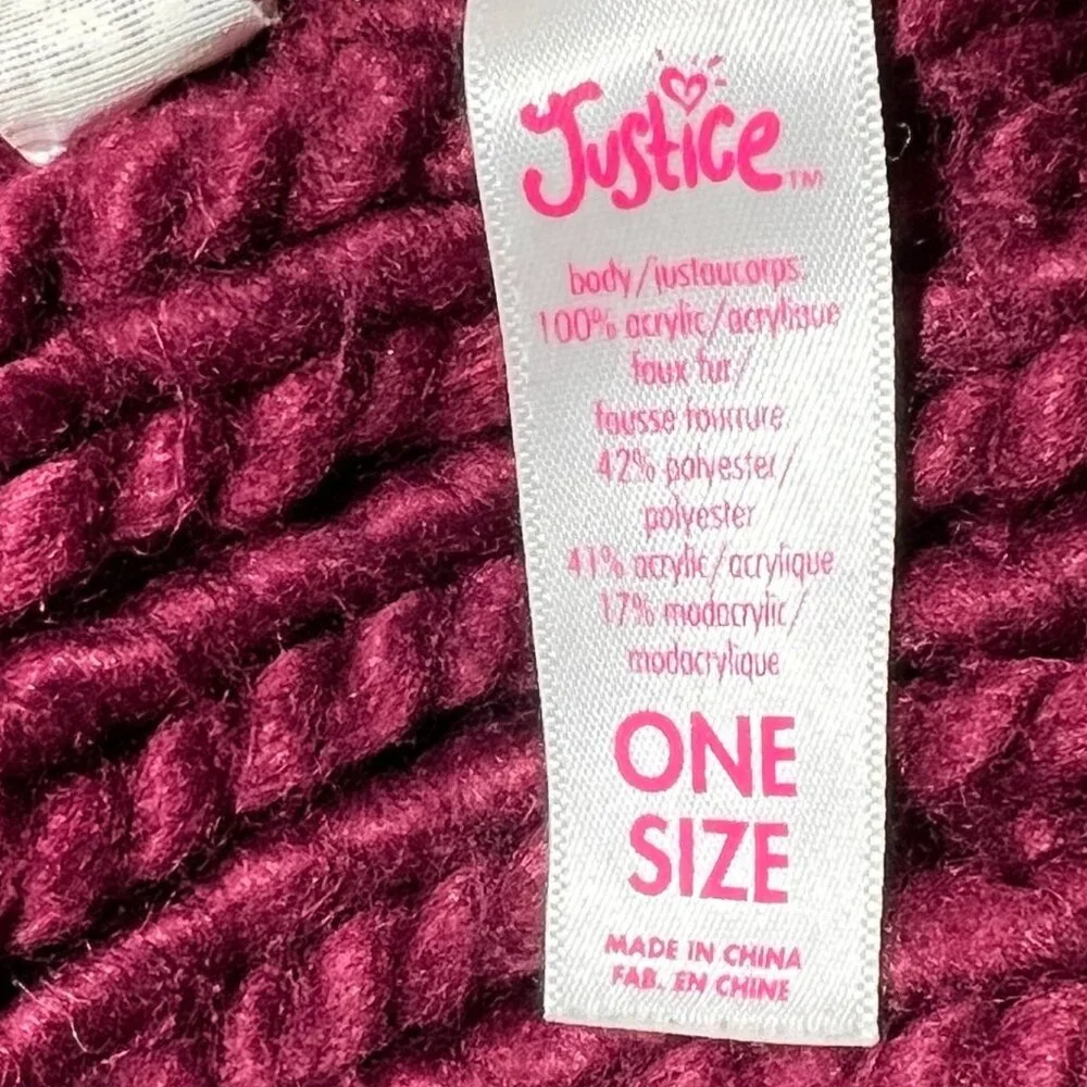 Justice Youth Maroon Knit Beanie Hat Faux Fur Pom Ski Snow Winter Girls Outdoor