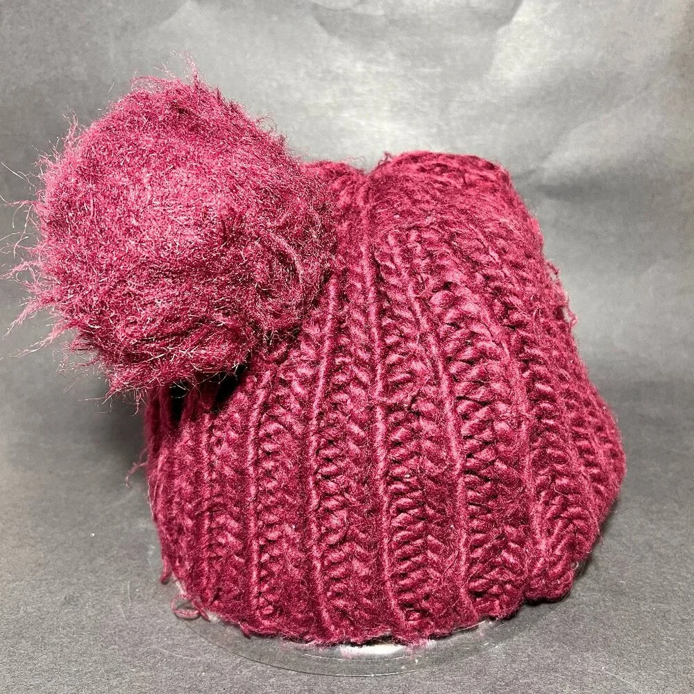 Justice Youth Maroon Knit Beanie Hat Faux Fur Pom Ski Snow Winter Girls Outdoor