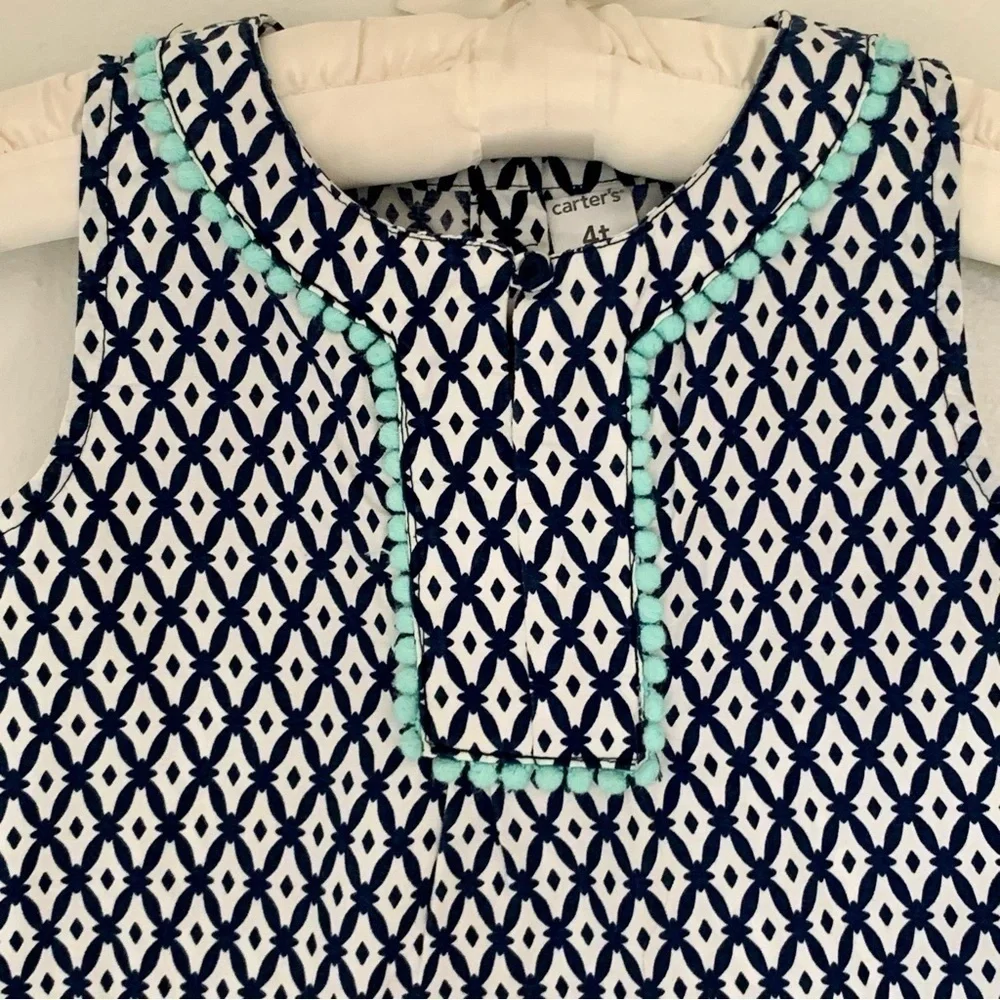 Carter's Toddler Girls Cotton Dress Pom Pom Boho Colorful Print Blue White Sz 4T