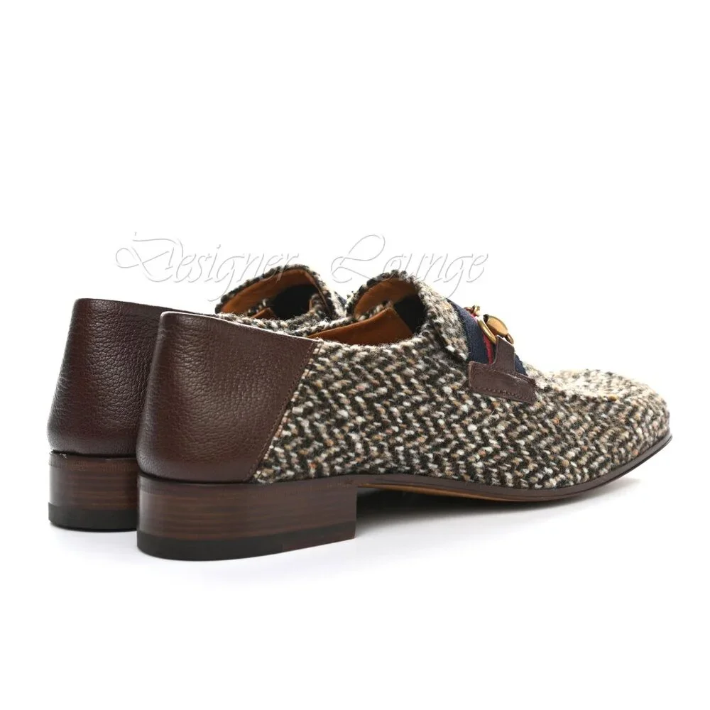 NEW GUCCI Horsebit Herringbone Tweed & Leather Loafers G 8 / US 8.5 Authentic