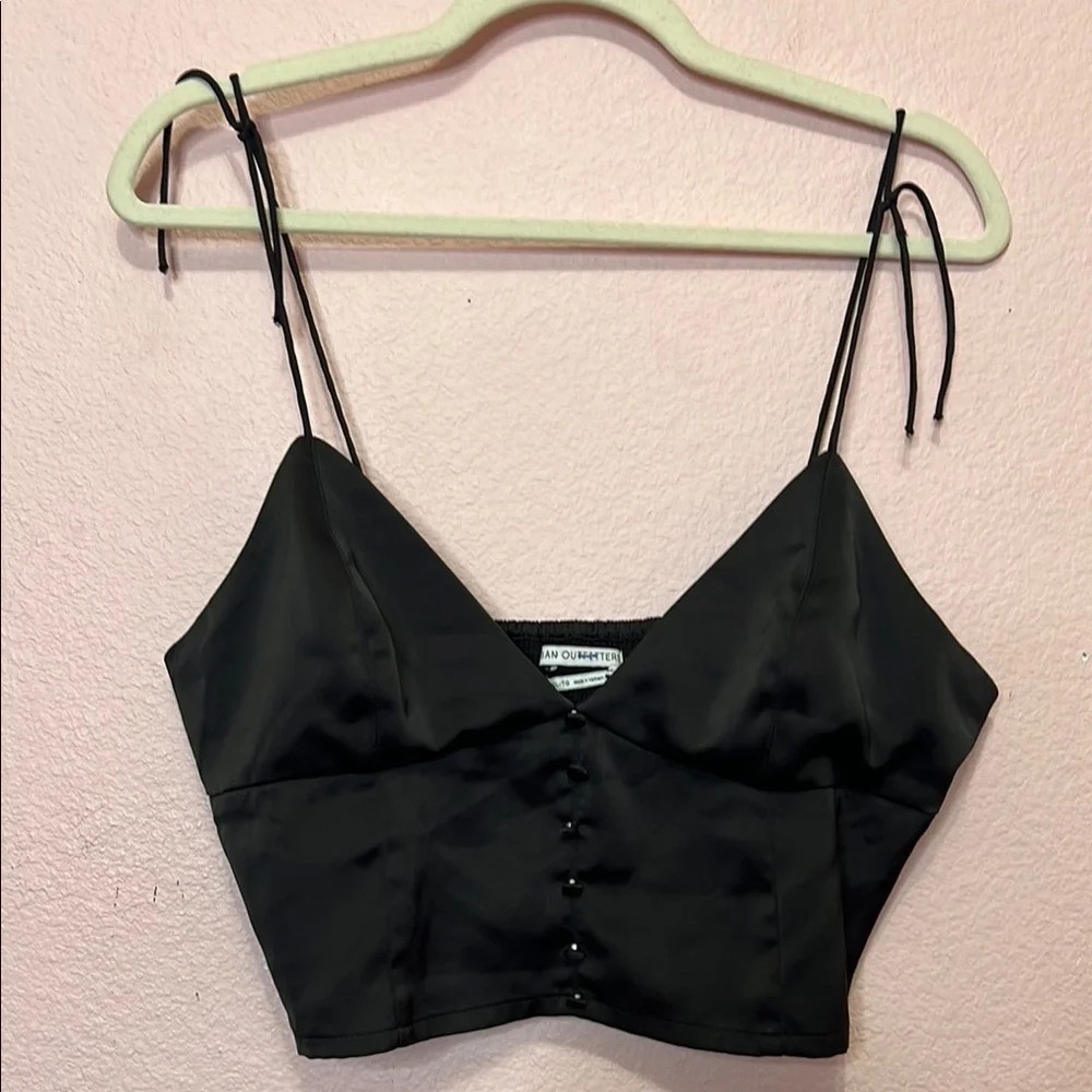 UO Lolly Satin Tie-Shoulder Top - Black. Size XL