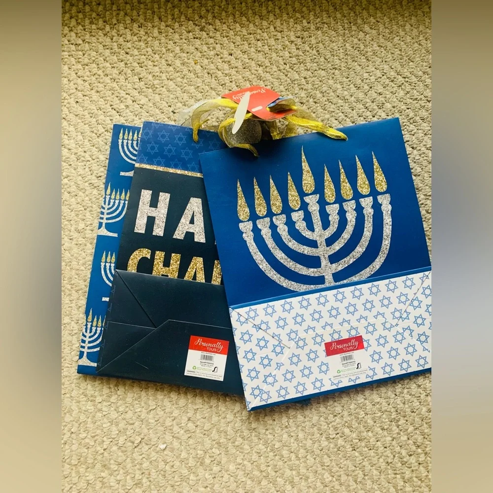 NWT Hanukkah Blue and Gold Glittered Gift Bags Bundle- 3 pack