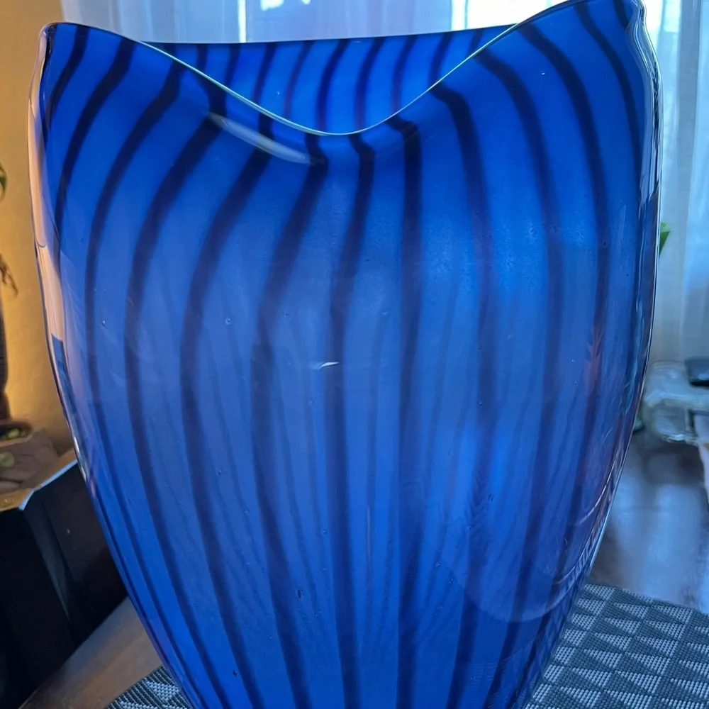 Rare Z Gallerie Art Glass Vase Urchin Blue and Black Stripes 7.5 LBS