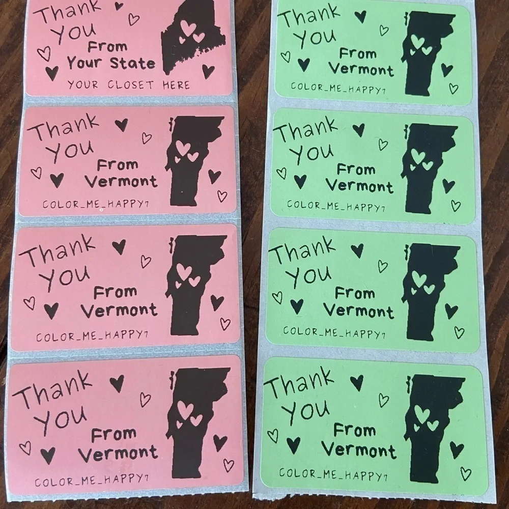 100 Personalized Thank You Thermal Stickers Your State Closet Name Green or Pink