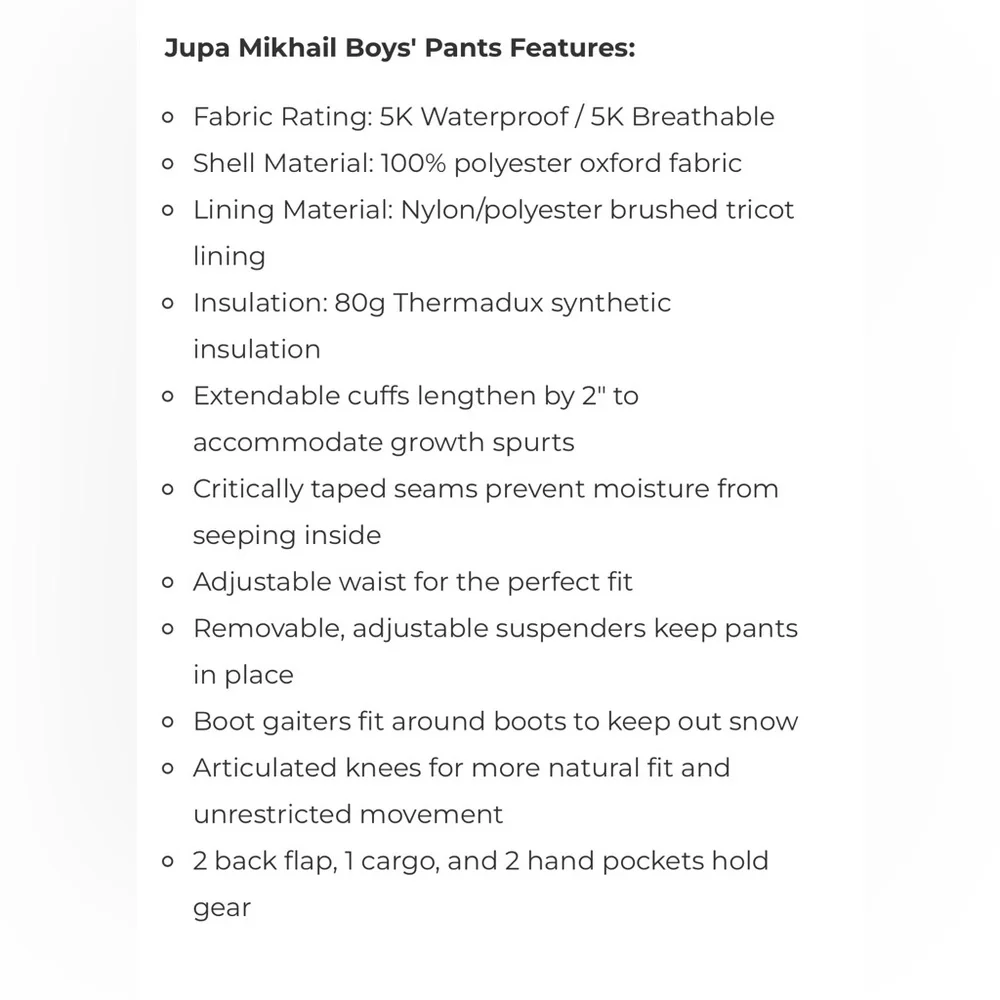 Jupa boys/mens army green ski/snow pants. Size 18. NWOT.