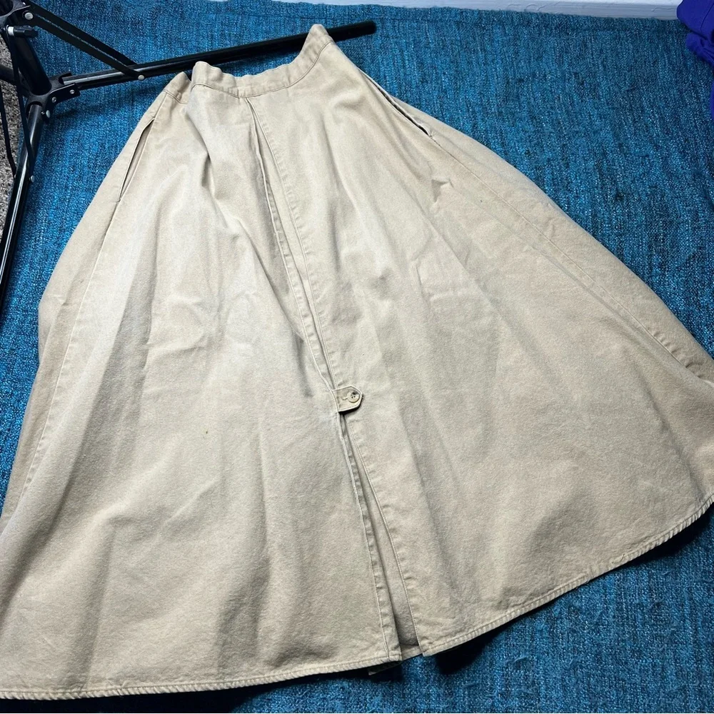 Vintage Cetro Republic Button Front Pleated Midi Skirt in Tan Khaki Western