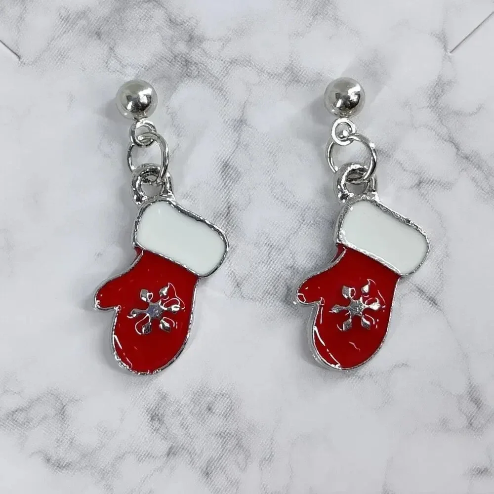 Holiday Earrings Christmas Mittens w/ Snowflake Studs Enamel Silver Plated
